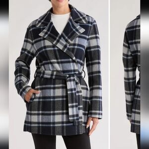 Joie Navy and Gray Plaid Belted Coat